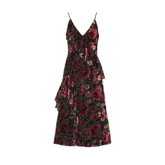 Jill Stuart Dalia Floral Flocked V-neck Sleeveless Ruffle Trim Gown 2 - Picture 4 of 16